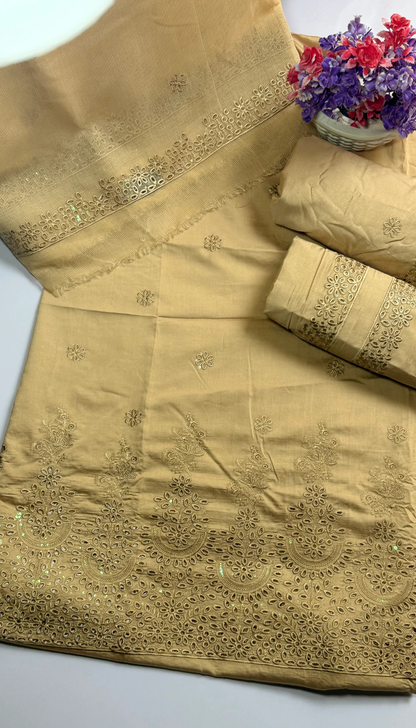 3P RICH GOLD  ARABIC LAWN LUXURY EMBROIDERED