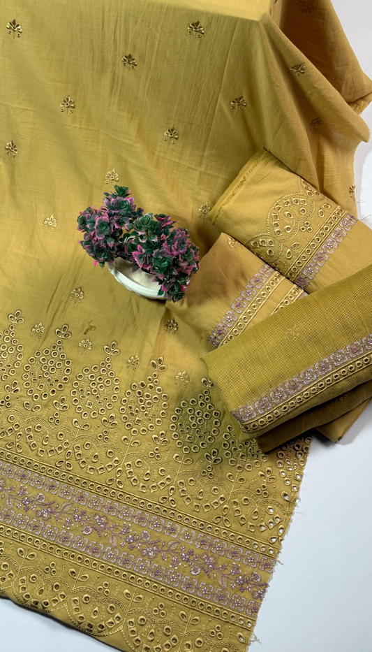 3P OLIVE GOLD PURE LAWN