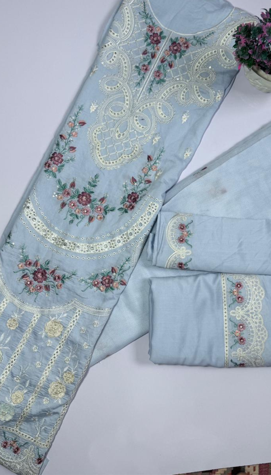 Luxury Arabic Lawn Unstitched Suit |Chickankari Embroidered With 3D Floral Work on Daman