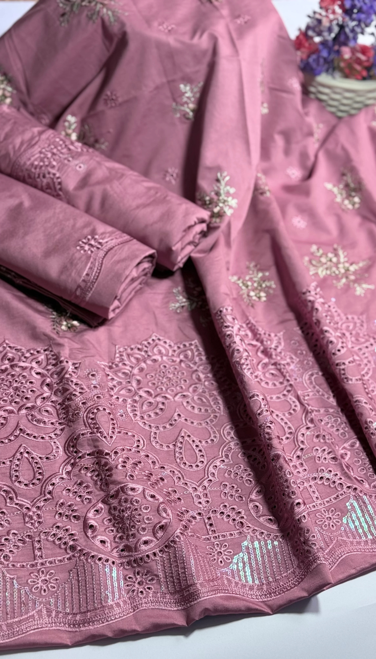 3P ROSE PINK EMBROIDERED ARABIC LAWN