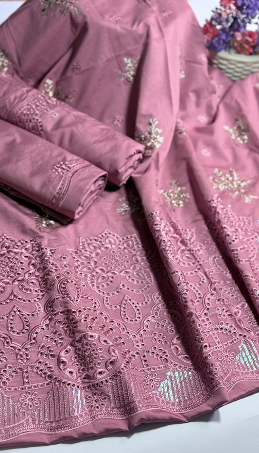 3P ROSE PINK EMBROIDERED ARABIC LAWN