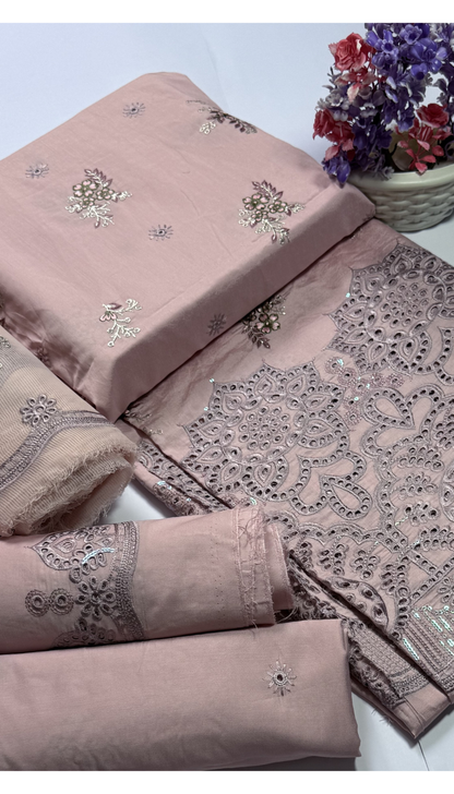 3P ROSE PINK EMBROIDERED ARABIC LAWN