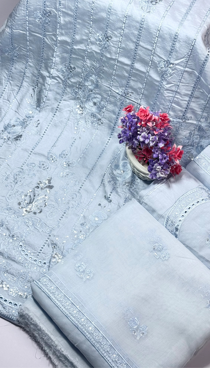 3P SKY BLUE EMBROIDERED ARABIC LAWN