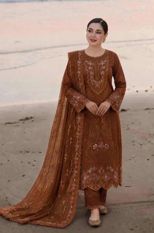 Brown Zareen 3 Piece Embroidered Unstitched Arabic Lawn  Suit for Women