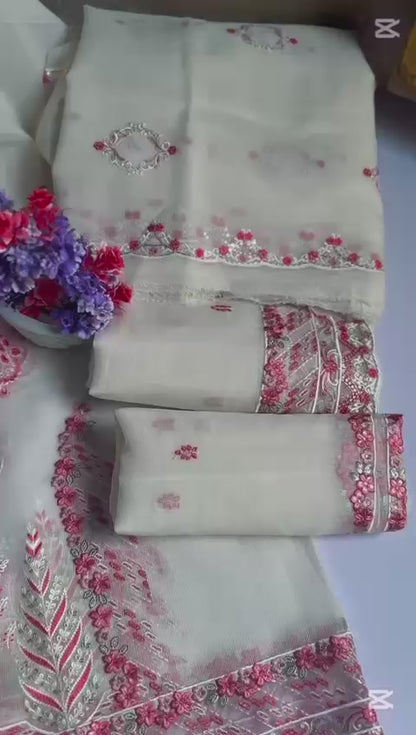 ''Bridal Luxury Cream & Pink Embroidered Unstitched Suit -Elegant 3 Piece cotton  Net Outfit ''