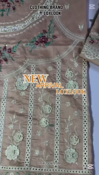 Luxury Arabic Lawn Unstitched Suit |Chickankari Embroidered With 3D Floral Work on Daman