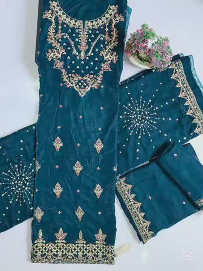 Luxury Velvet Embroidered Suit – Burgundy (Dark Purple) | Fancy Neck & Sequin Work