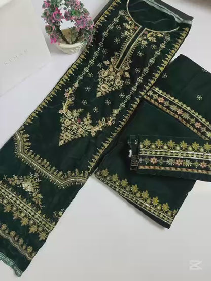 Bottle Green Velvet Dress with Heavy Zari Embroidery | Luxury Winter Collection