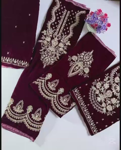 Luxury Navy Blue Velvet 3-Piece Suit | Handcrafted Zari Embroidery | Premium Winter Collection 2025