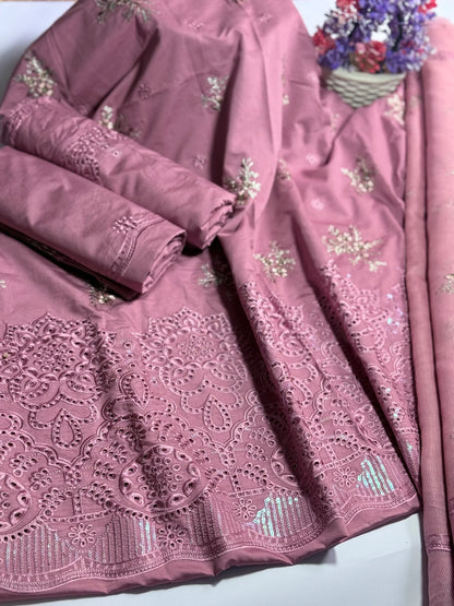 3P ROSE PINK EMBROIDERED ARABIC LAWN