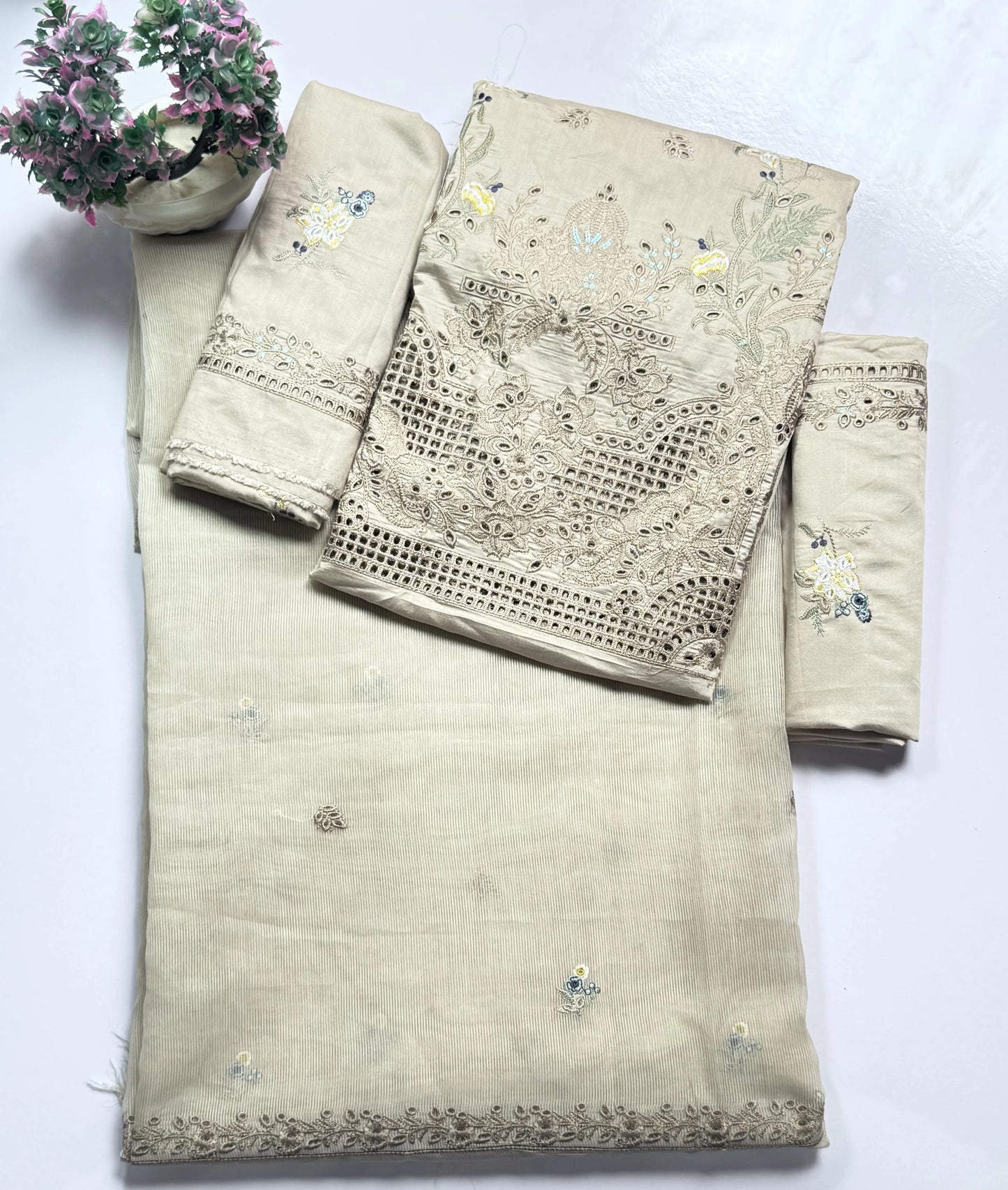 3P SKIN BEIGE EMBROIDERED ARABIC LAWN