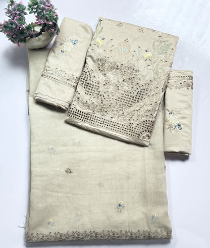 3P SKIN BEIGE EMBROIDERED ARABIC LAWN