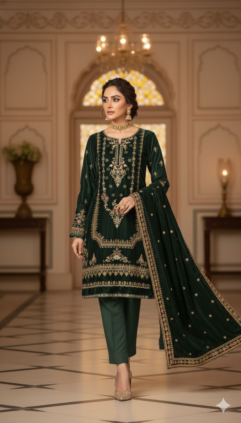 Bottle Green Velvet Dress with Heavy Zari Embroidery | Luxury Winter Collection