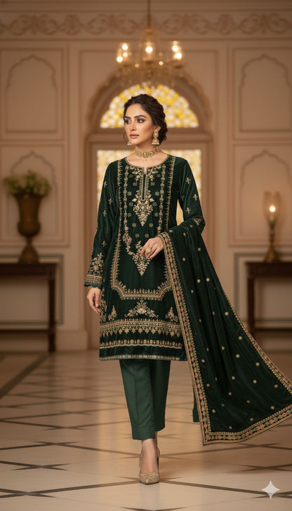 Bottle Green Velvet Dress with Heavy Zari Embroidery | Luxury Winter Collection