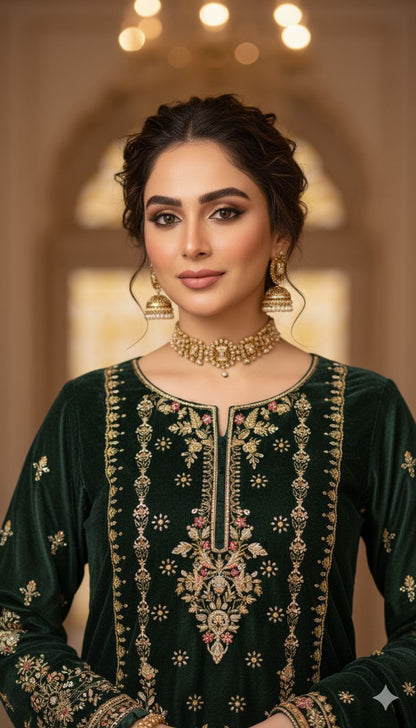 Bottle Green Velvet Dress with Heavy Zari Embroidery | Luxury Winter Collection