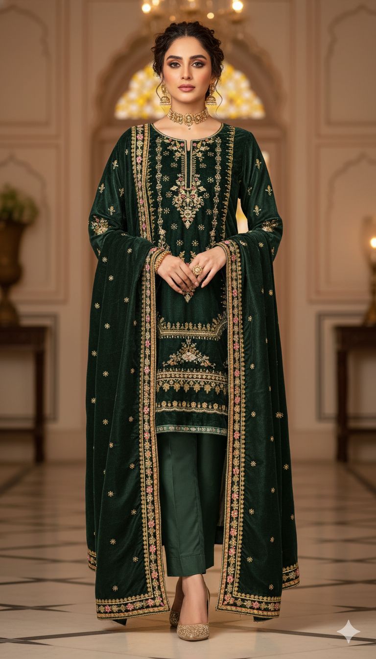 Bottle Green Velvet Dress with Heavy Zari Embroidery | Luxury Winter Collection