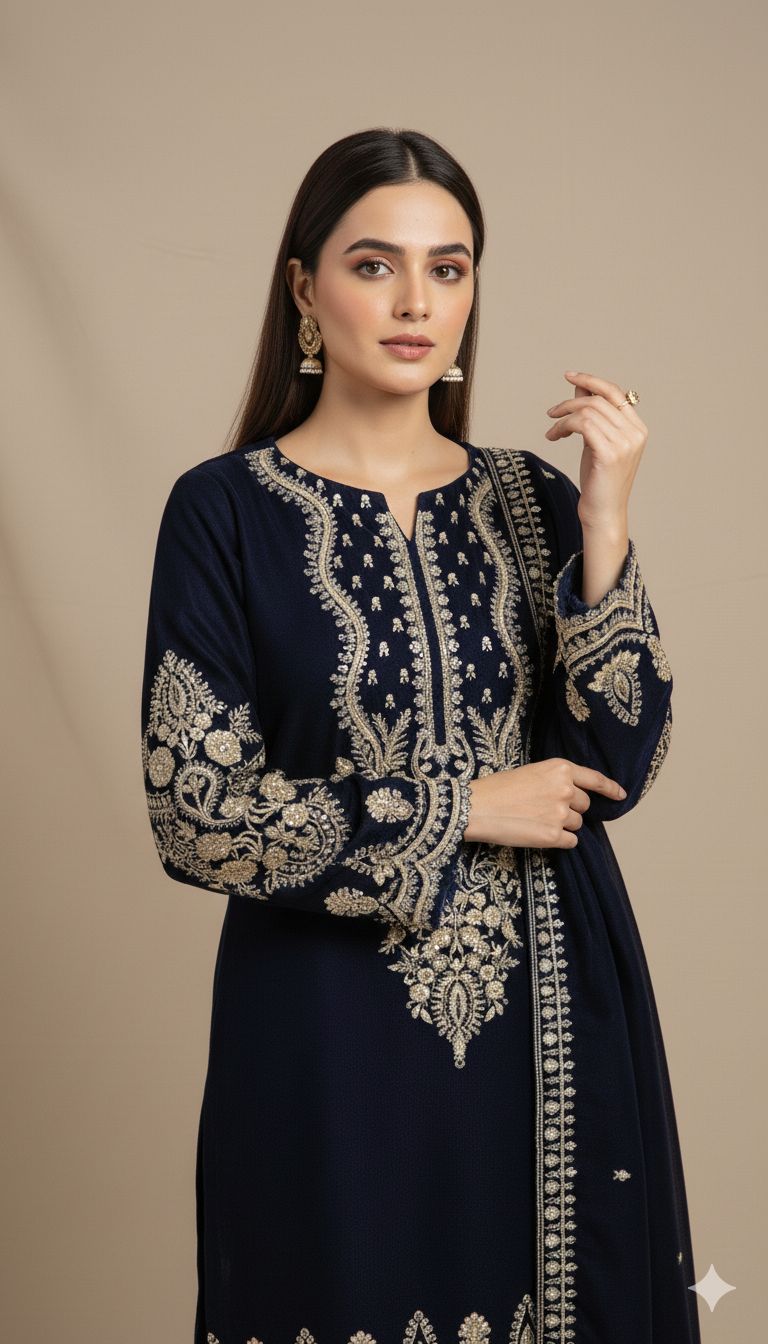 Luxury Navy Blue Velvet 3-Piece Suit | Handcrafted Zari Embroidery | Premium Winter Collection 2025