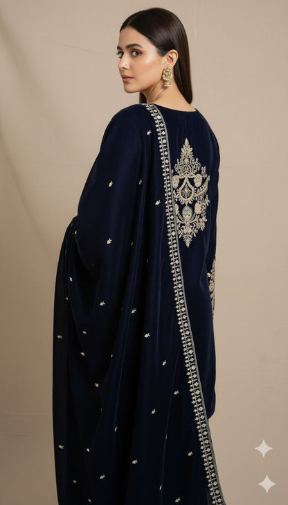 Luxury Navy Blue Velvet 3-Piece Suit | Handcrafted Zari Embroidery | Premium Winter Collection 2025