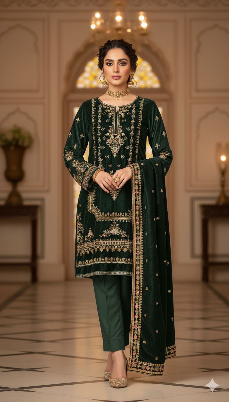 Bottle Green Velvet Dress with Heavy Zari Embroidery | Luxury Winter Collection
