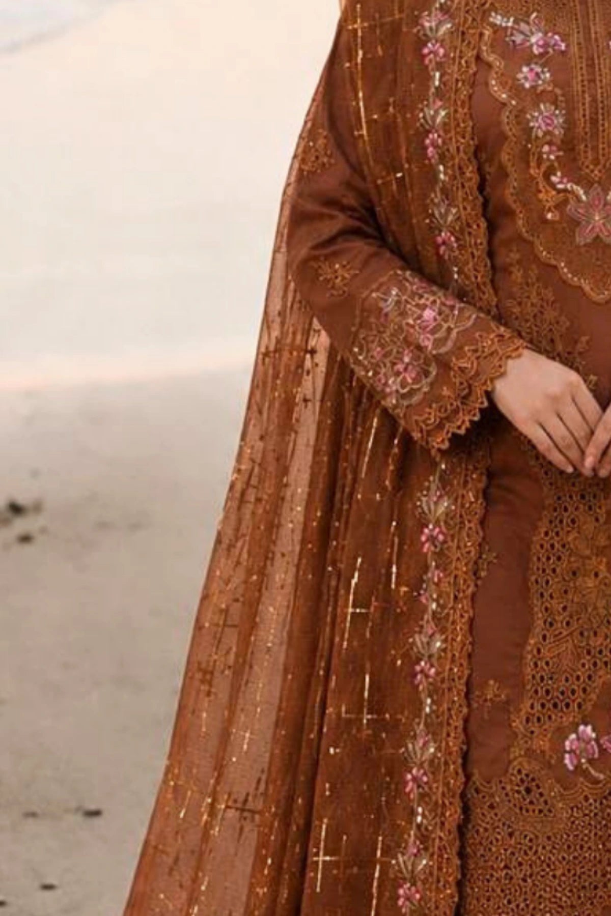 Brown Zareen Premium karandi Net Dupatta With unstitched lawn Suit