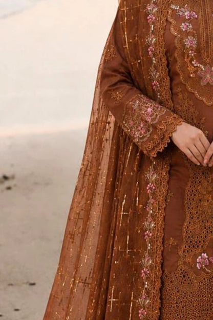 Brown Zareen Premium karandi Net Dupatta With unstitched lawn Suit