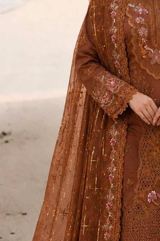 Brown Zareen Premium karandi Net Dupatta With unstitched lawn Suit