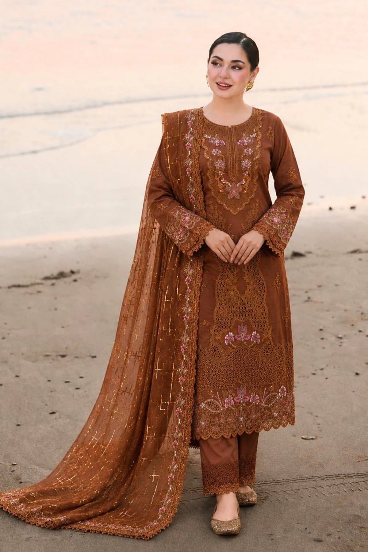 Brown Zareen 3 Piece Embroidered Unstitched Arabic Lawn Suit for women