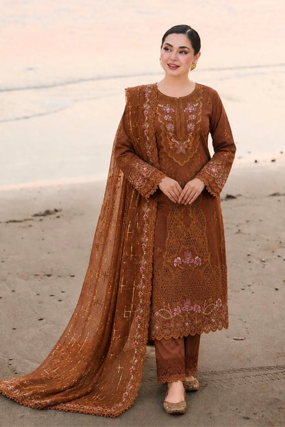Brown Zareen 3 Piece Embroidered Unstitched Arabic Lawn Suit for women