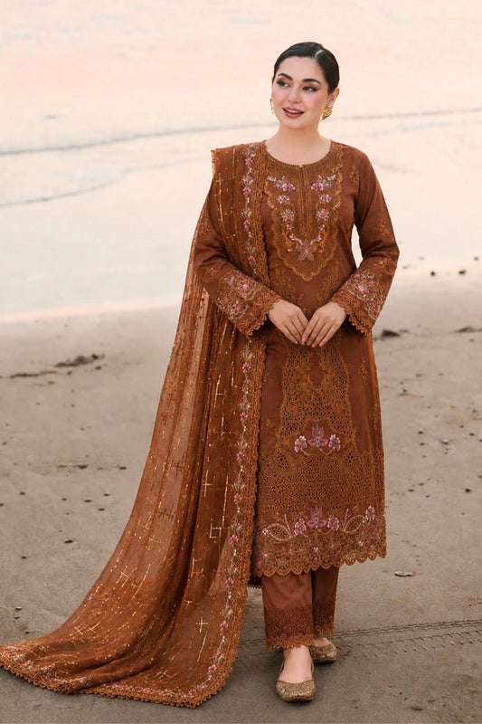 Brown Zareen 3 Piece Embroidered Unstitched Arabic Lawn Suit for women